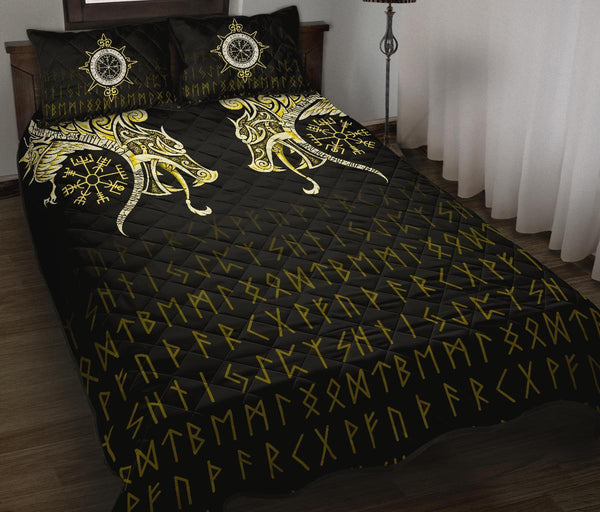 Viking Quilt Bedding Set Fenrir Raven And Vegvisir Tattoo Yellow