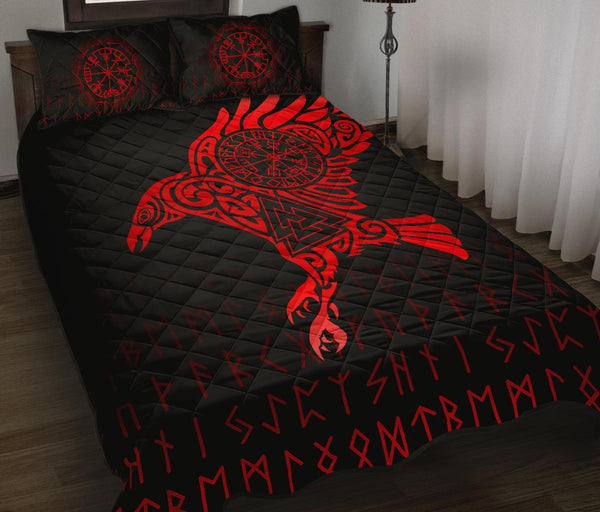 Viking Quilt Bedding Set Raven Tattoo Red