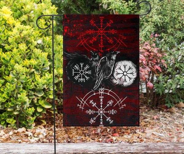 Viking Garden Flag Raven of Odin and Symbol Viking on Blood Background