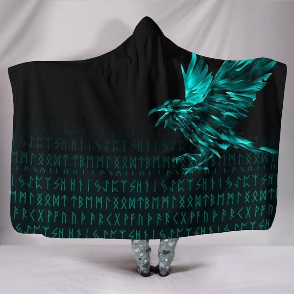 Viking Hooded Blanket The Raven Of Odin Rune Cyan