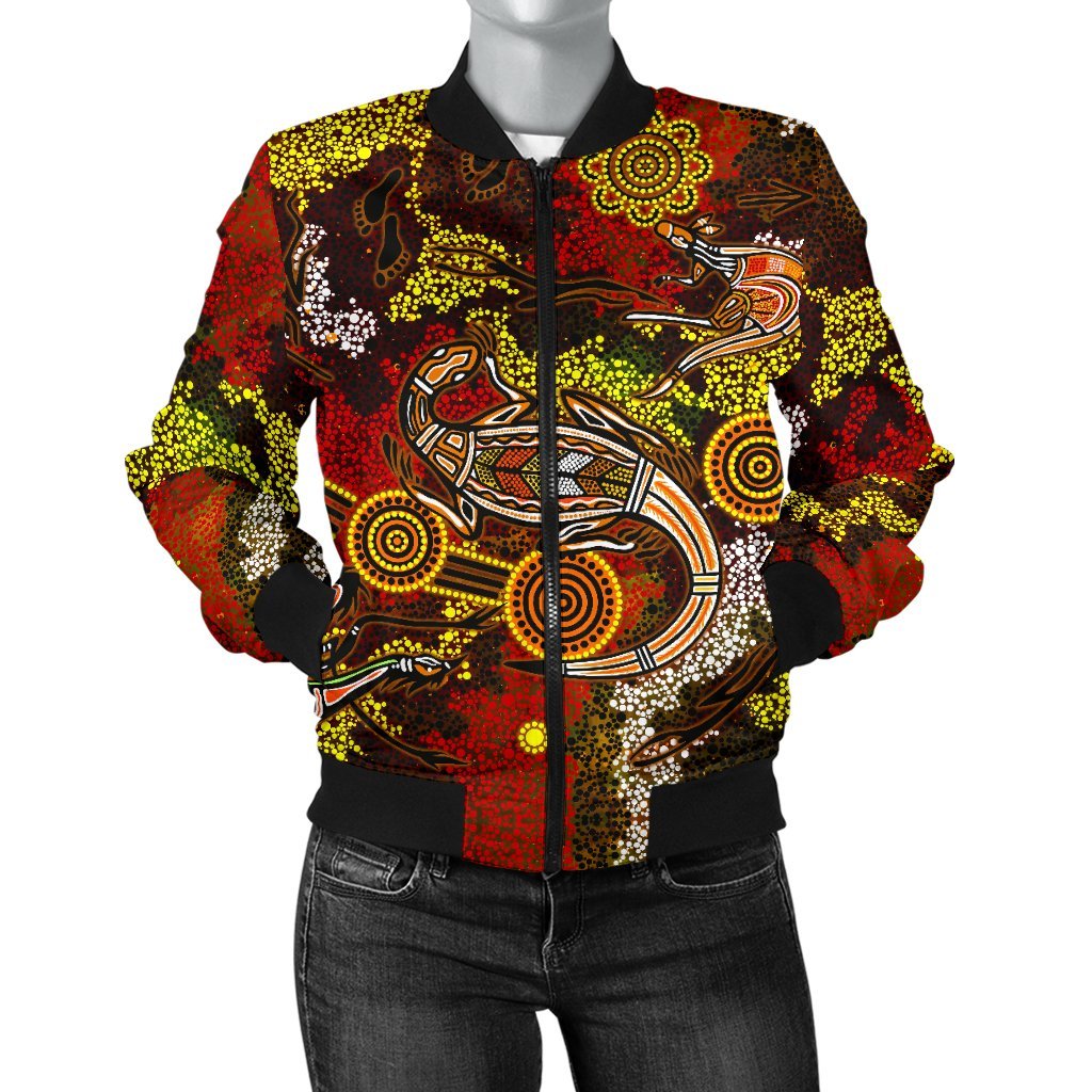 Aboriginal Bomber Jacket - Kangaroo and Lizard Dot Painting Art