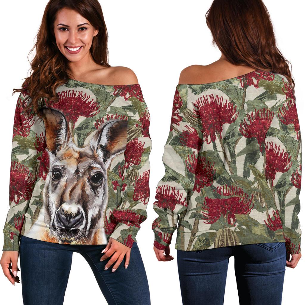 Off Shoulder Sweater - Kangaroo Sweater Waratah Painting