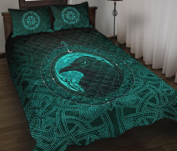 Viking Quilt Bedding Set Ethnic Odin Raven Cyan