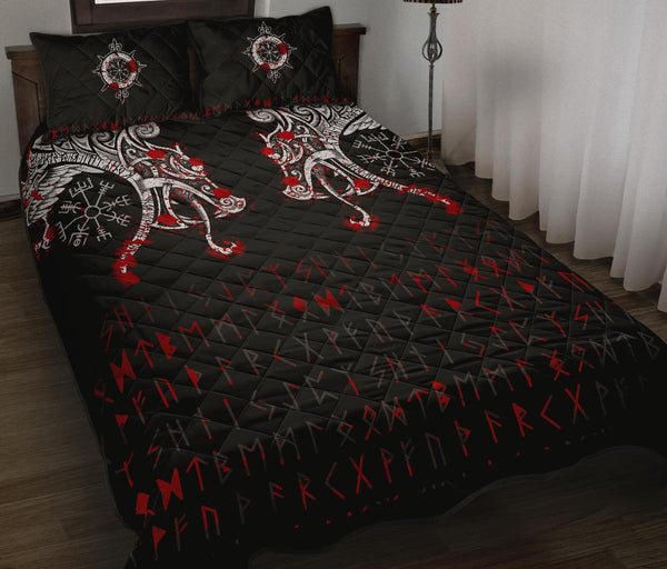 Viking Quilt Bedding Set Double Dragon Tattoo And Vegvisir Blood