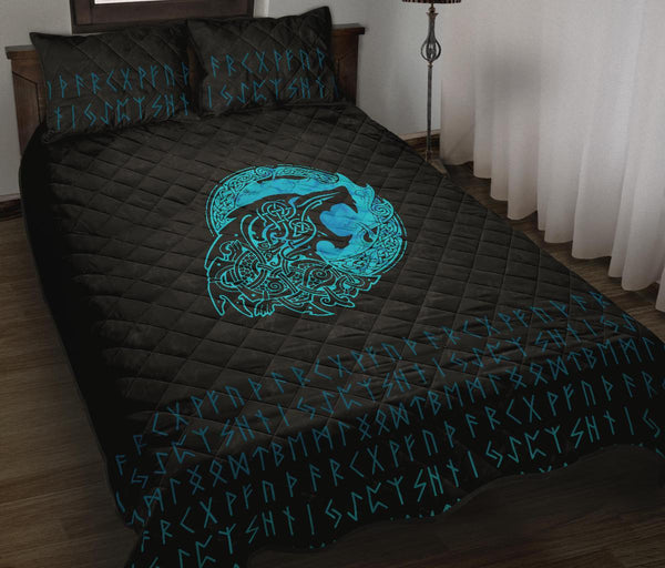 Viking Quilt Bedding Set Fenrir Wolf Cyan