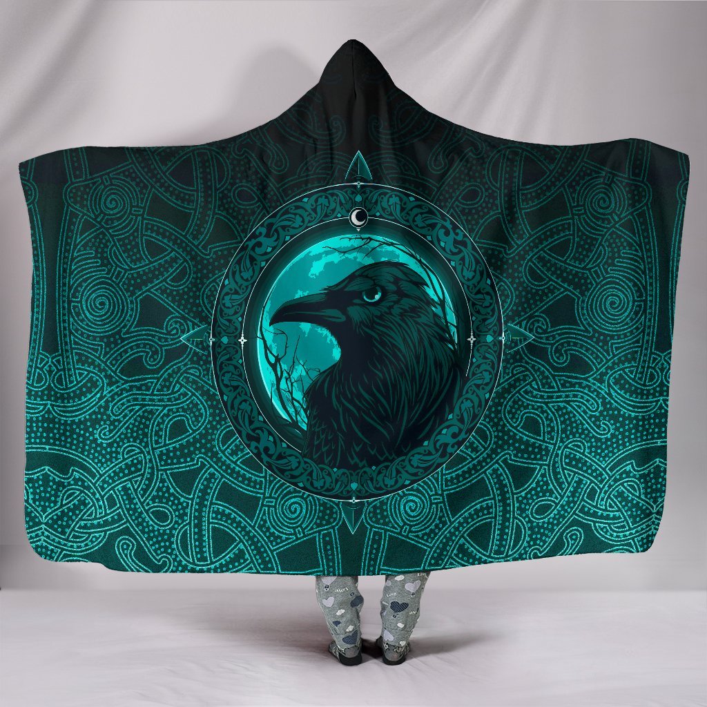 Viking Hooded Blanket Ethnic Odin Raven Cyan