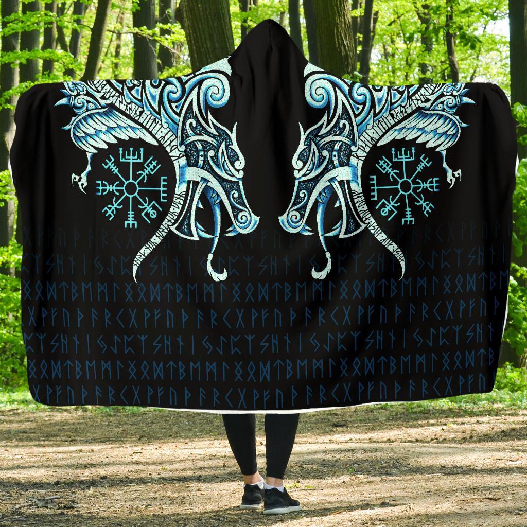 Viking Hooded Blanket Economy Fenrir Raven And Vegvisir Tattoo Cyan