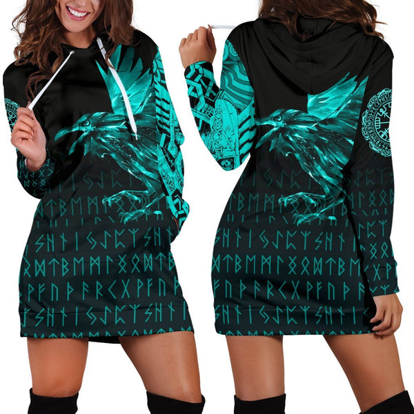 Viking Hoodie Dress The Raven Of Odin Rune Cyan