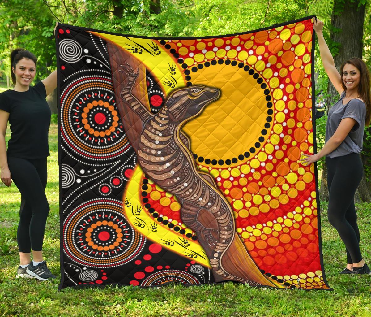 Aboriginal Premium Quilt - Indigenous Dot Painting Sun and Lizard