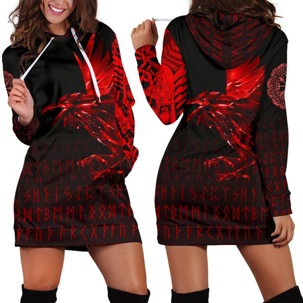 Viking Hoodie Dress The Raven Of Odin Rune Red