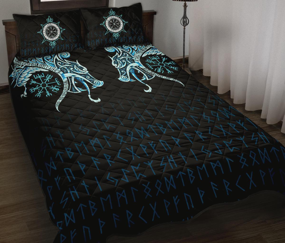 Viking Quilt Bedding Set Fenrir Raven And Vegvisir Tattoo Cyan