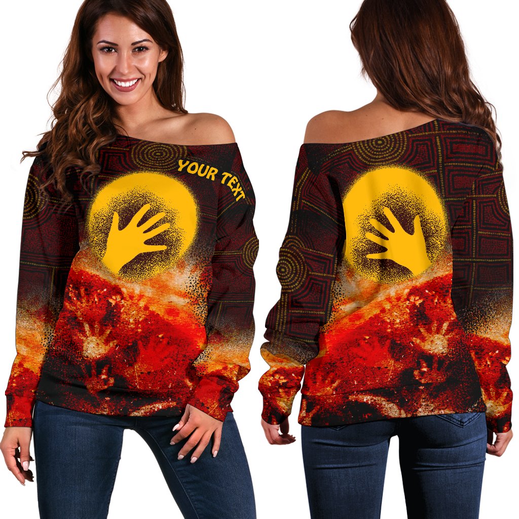 (Custom) Aboriginal Off Shoulder Sweater - Indigenous Flag Hand Art