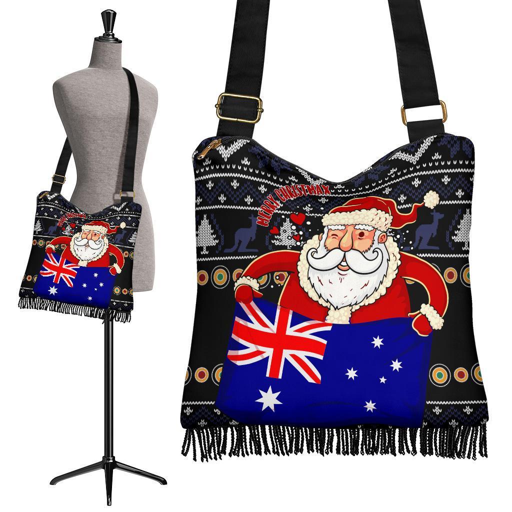 Christmas Crossbody Boho Handbag - Australia Santa Claus Hold The Flag ( Black)