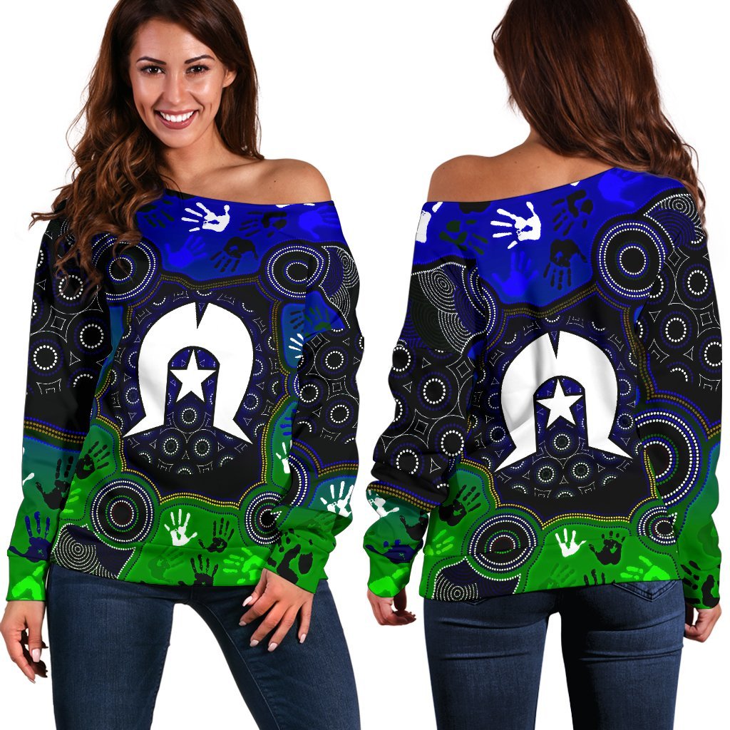 Aboriginal Women's Off Shoulder Sweater - Torres Strait Symbol With Indigenous Patterns