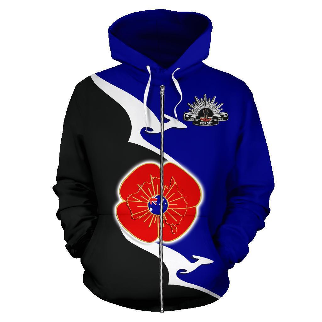 Anzac Zip Hoodie - Lest We Forget Poppy Map Kangaroo Blue