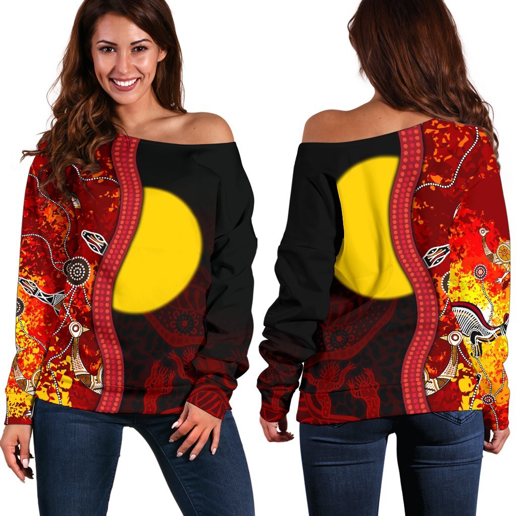Aboriginal Women's Off Shoulder Sweater - Red Indigenous Flag