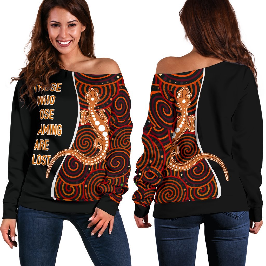 Aboriginal Women's Off Shoulder Sweater - Indigenous Lizard Dreaming