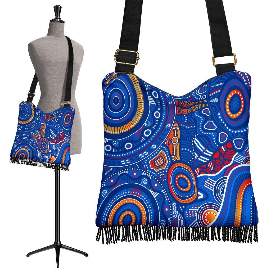 Aboriginal Crossbody Boho Handbags - Indigenous Footprint Patterns Blue Color