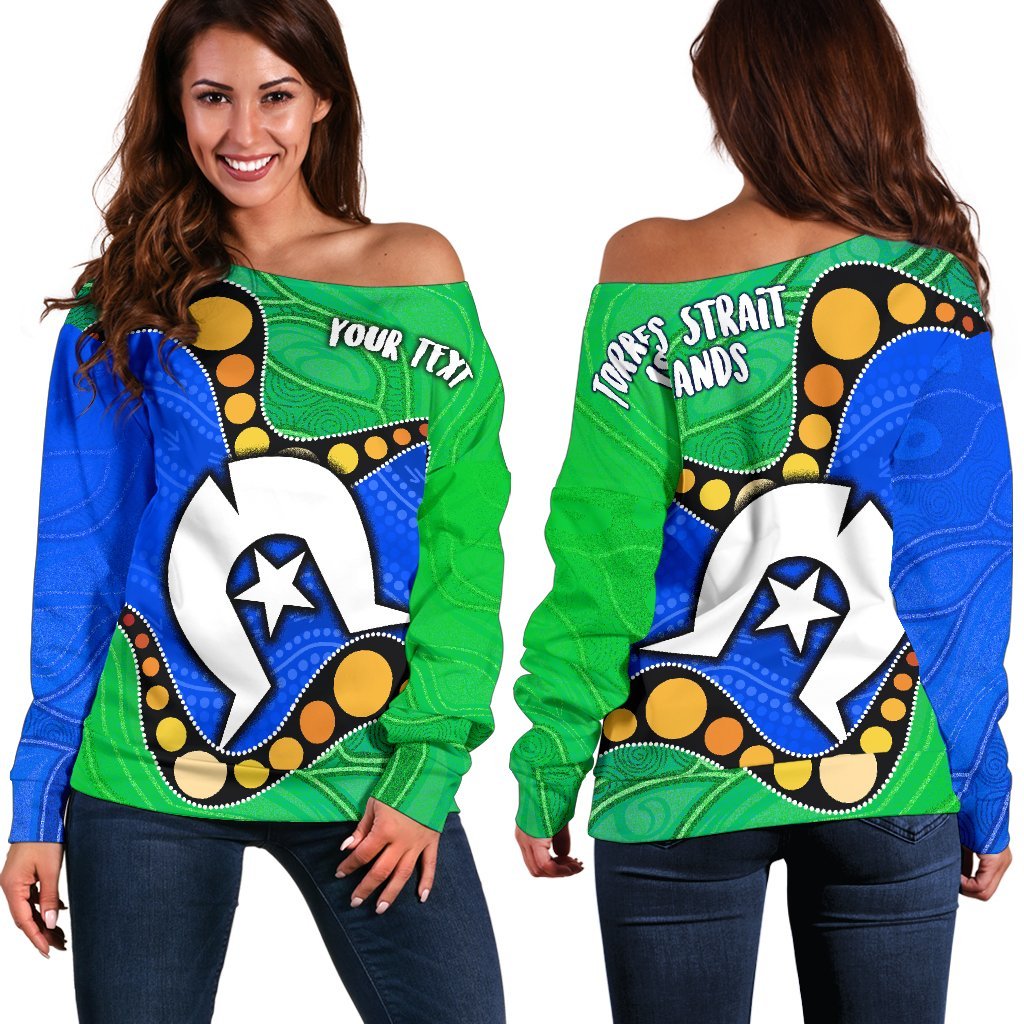 (Custom) Torres Strait Islands Women's Off Shoulder Sweater - Flag with Aboriginal Patterns