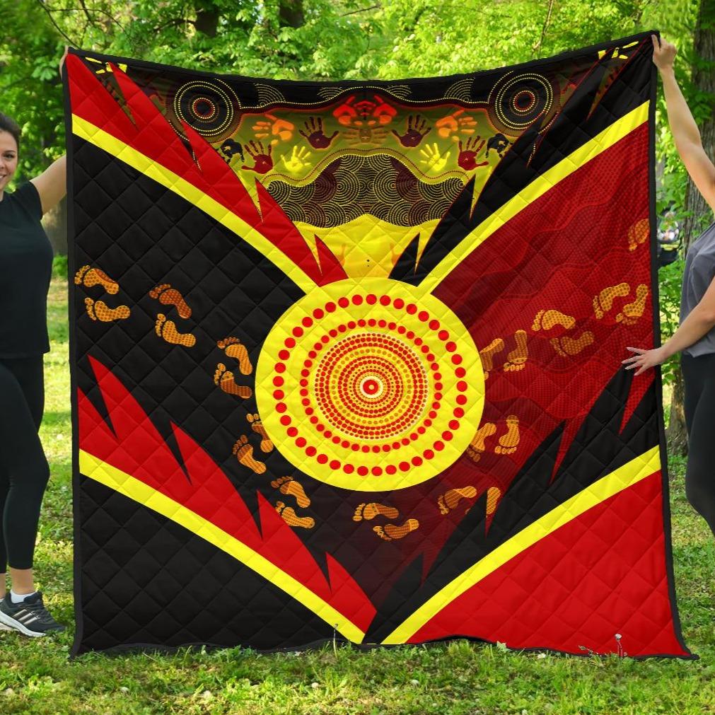 Aboriginal Premium Quilt - Indigenous Flag With Footprint Hand Art