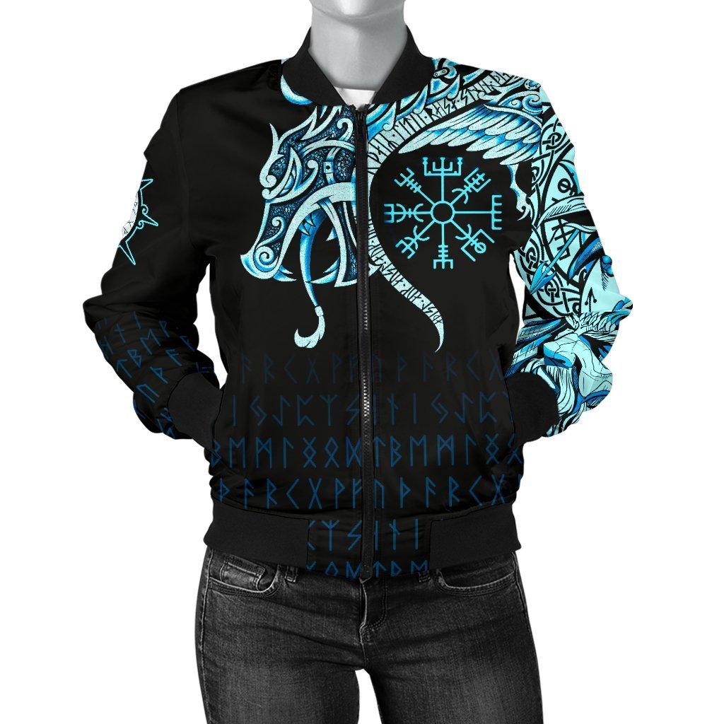 Viking Bomber Jacket Fenrir Raven And Vegvisir Tattoo Cyan Style Ver02