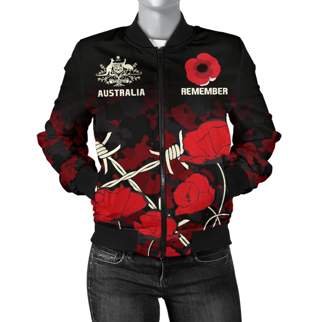 Anzac Women Bomber Jacket - Anzac with Remembrance Poppy Flower