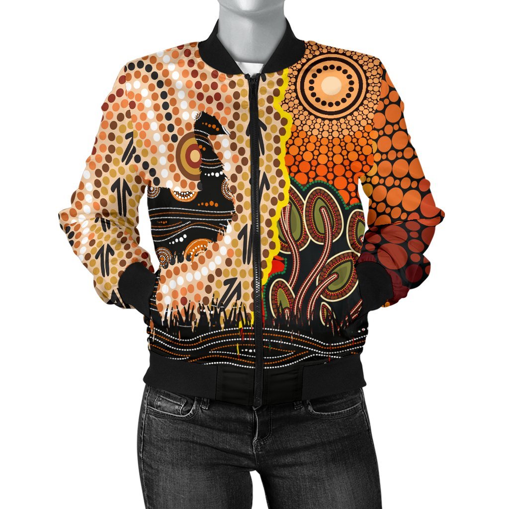 Women Bomber Jacket - Australian Aboriginal Sun and Emu