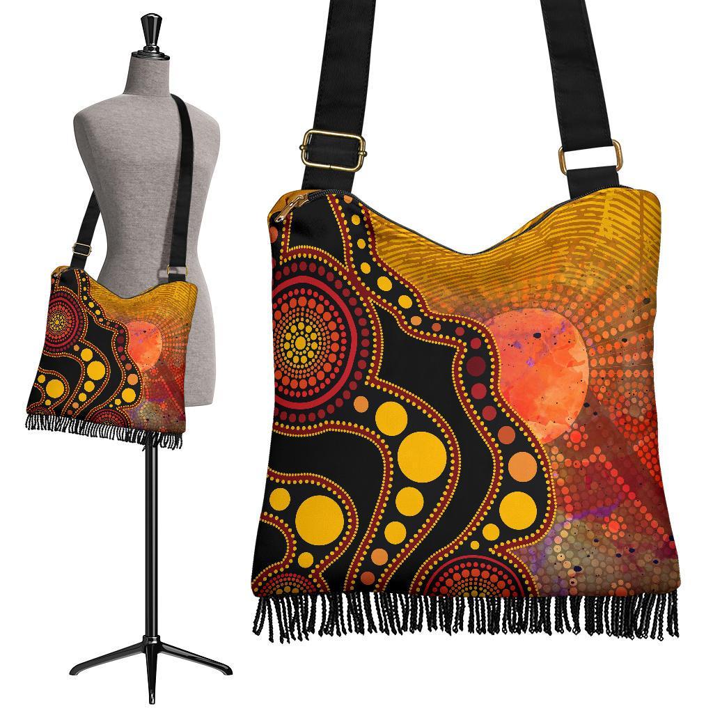Aboriginal Crossbody Boho Handbag - Australia Indigenous Flag Circle Dot Painting Art (Golden)