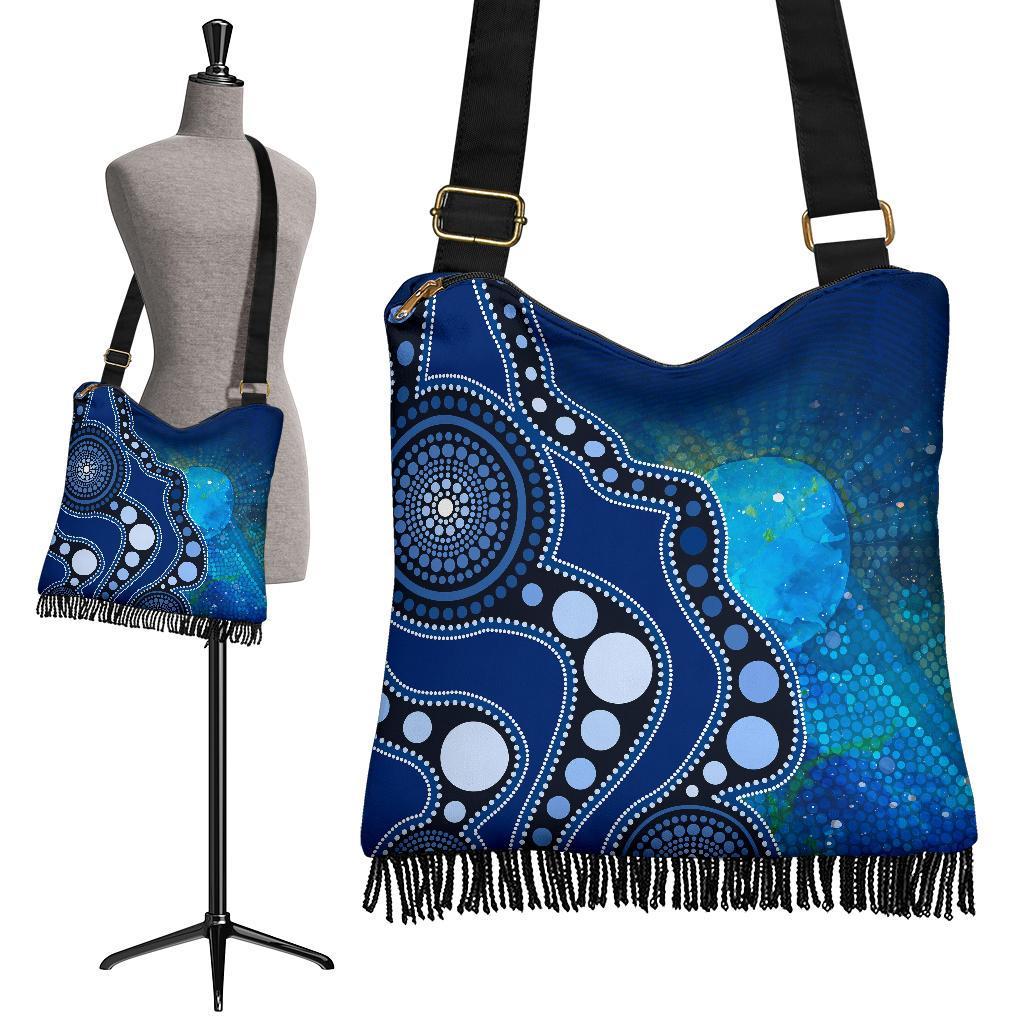 Aboriginal Crossbody Boho Handbag - Australia Indigenous Flag Circle Dot Painting Art (Blue)