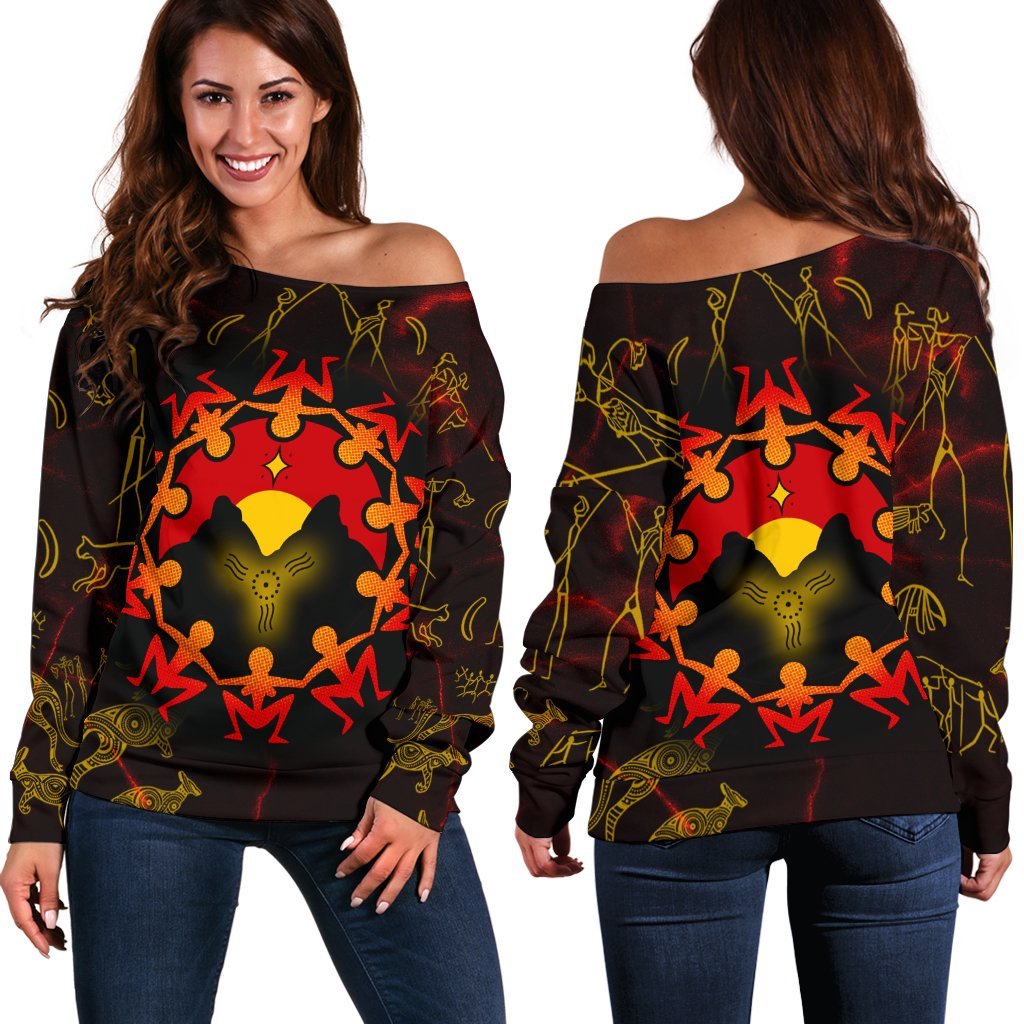 Aboriginal Women's Off Shoulder Sweater - Australia Map and Indigenous Flag