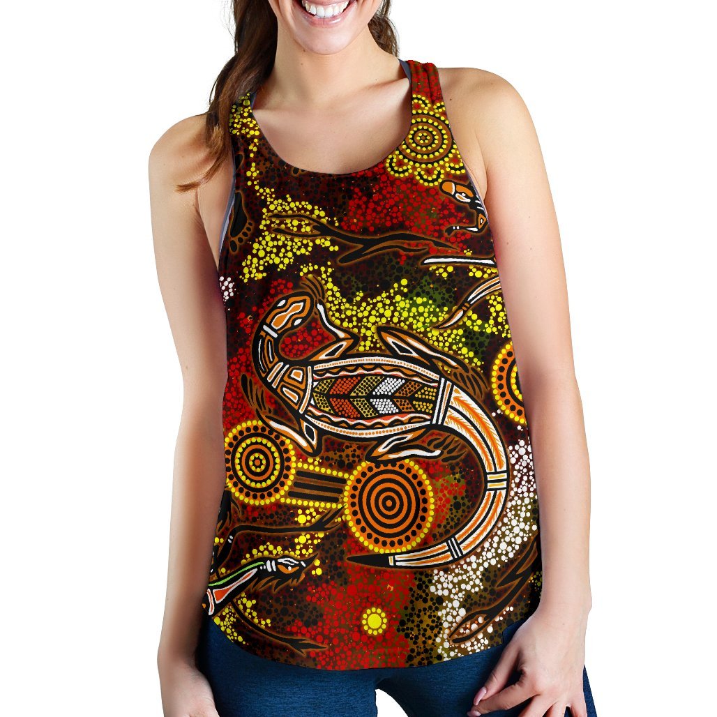 Aboriginal Women's Racerback Tank - Kangaroo and Lizard Dot Painting Art