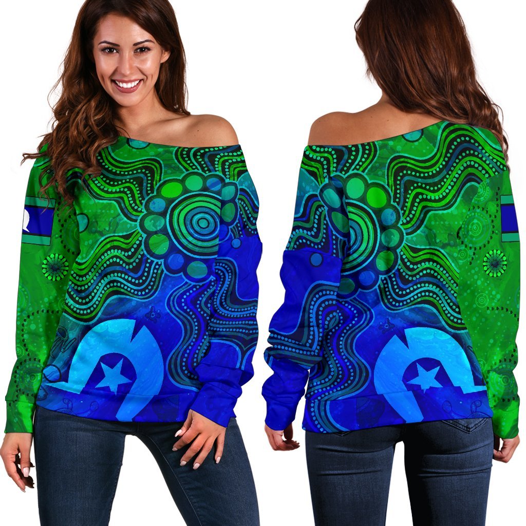 Aboriginal Women's Off Shoulder Sweater, Torres Strait Islands Flag