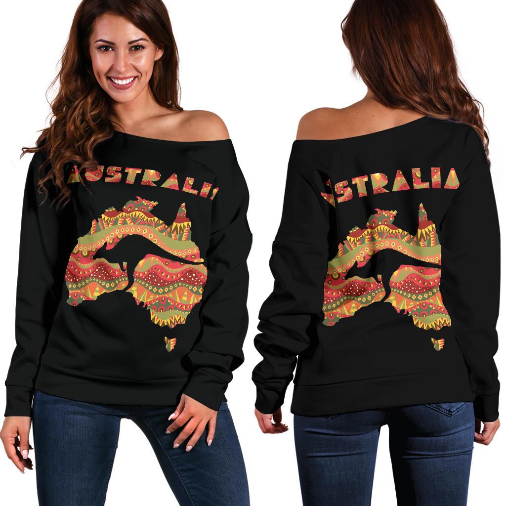 Women's Off Shoulder Sweater - Australia Map Sweater Kangaroo Aboriginal Patterns