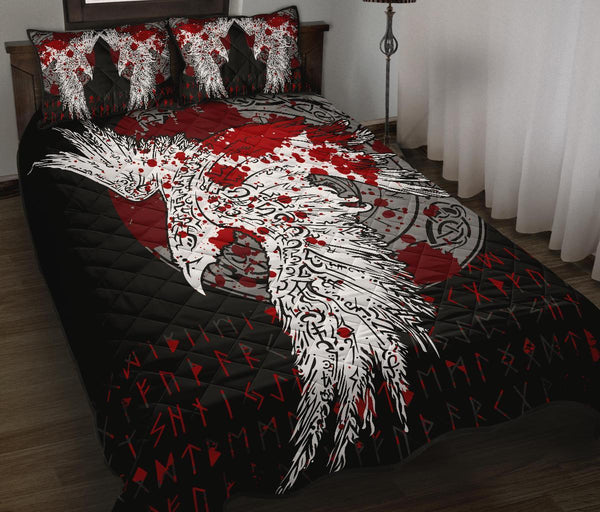 Viking Quilt Bedding Set Mystical Raven Tattoo Blood