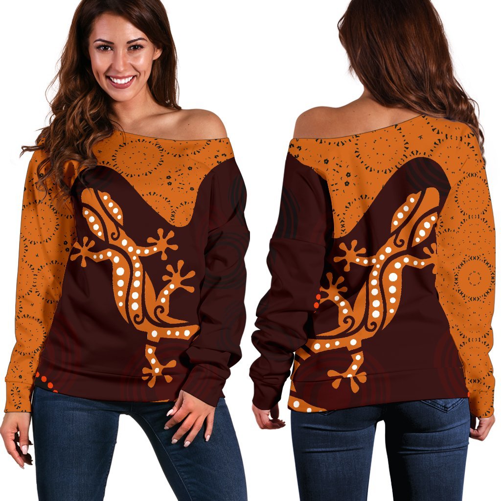 Aboriginal Women's Off Shoulder Sweater - Lizard in Aboriginal Dreaming