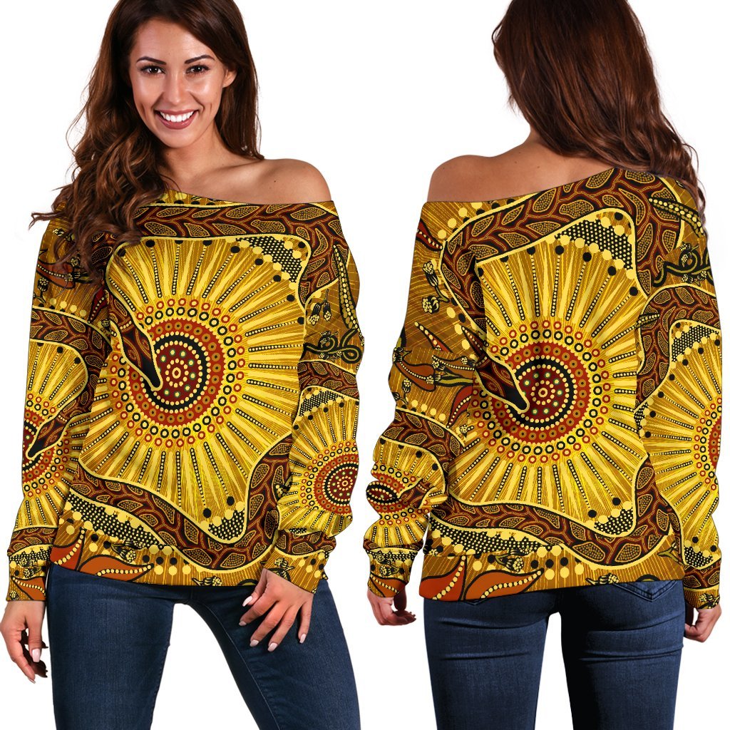 Off Shoulder Sweater - Australian Aboriginal Snake - Rainbow Serpent