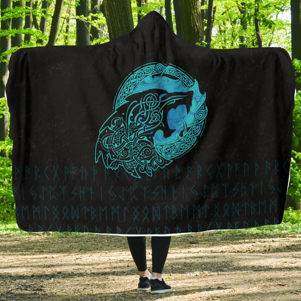 Viking Hooded Blanket Economy Fenrir Wolf Cyan