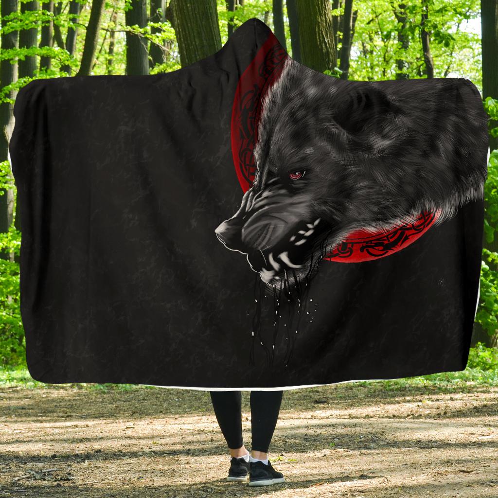 Viking Hooded Blanket Wolf And Blood Moon