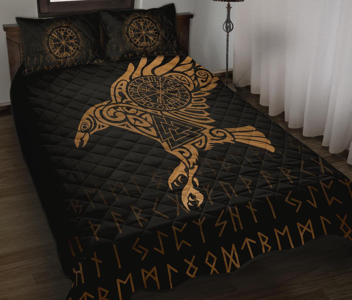 Viking Quilt Bedding Set Raven Tattoo Gold