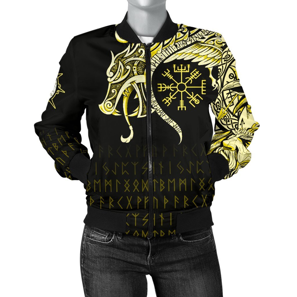 Viking Bomber Jacket Fenrir Raven And Vegvisir Tattoo Yellow Style Ver01