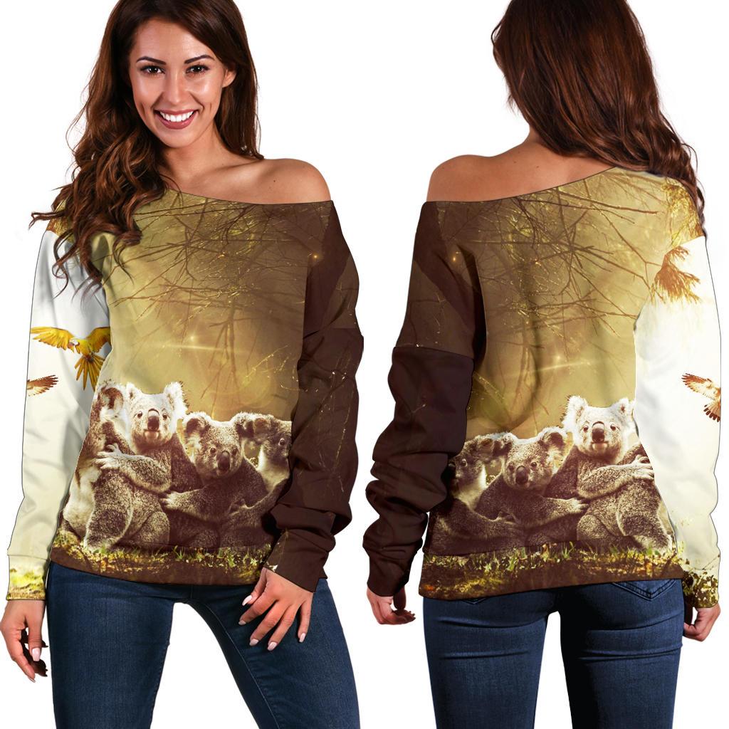 Off Shoulder Sweater - Koala Family Landscape Art