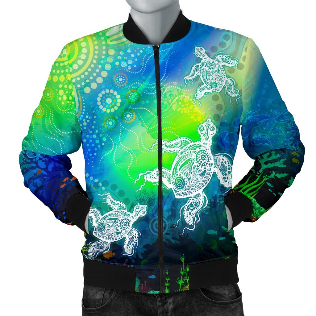 Aboriginal Bomber Jacket - Indigenous Turtle Ocean Dot Painting Art