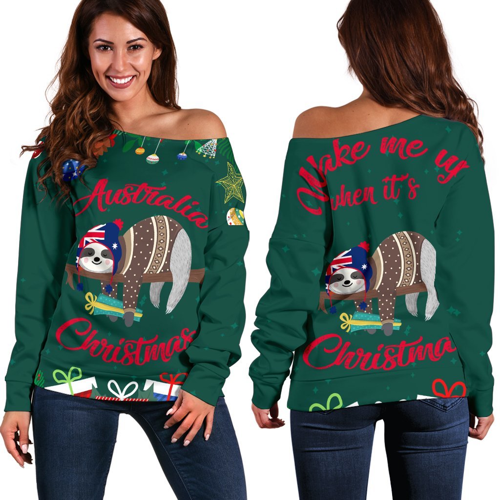 Australia Christmas Women's Off Shoulder Sweater Green - Merry Christmas