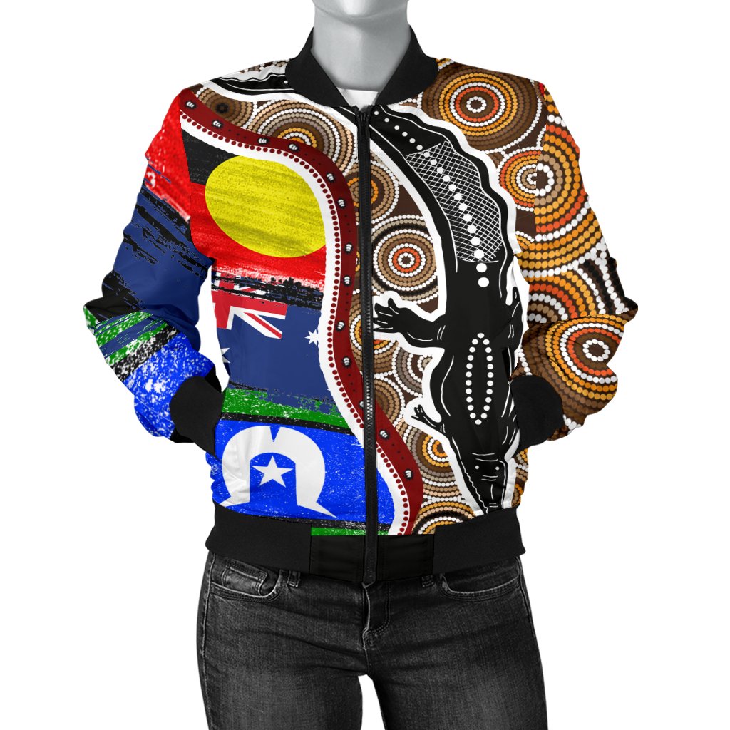 Women Bomber Jacket - Australian Aboriginal Crocodile With NAIDOC Flags