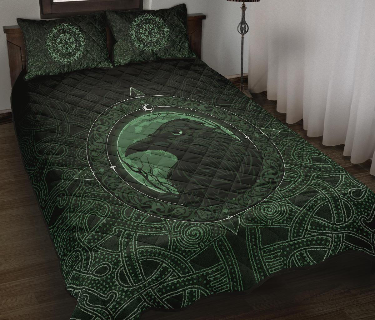 Viking Quilt Bedding Set Ethnic Odin Raven Green