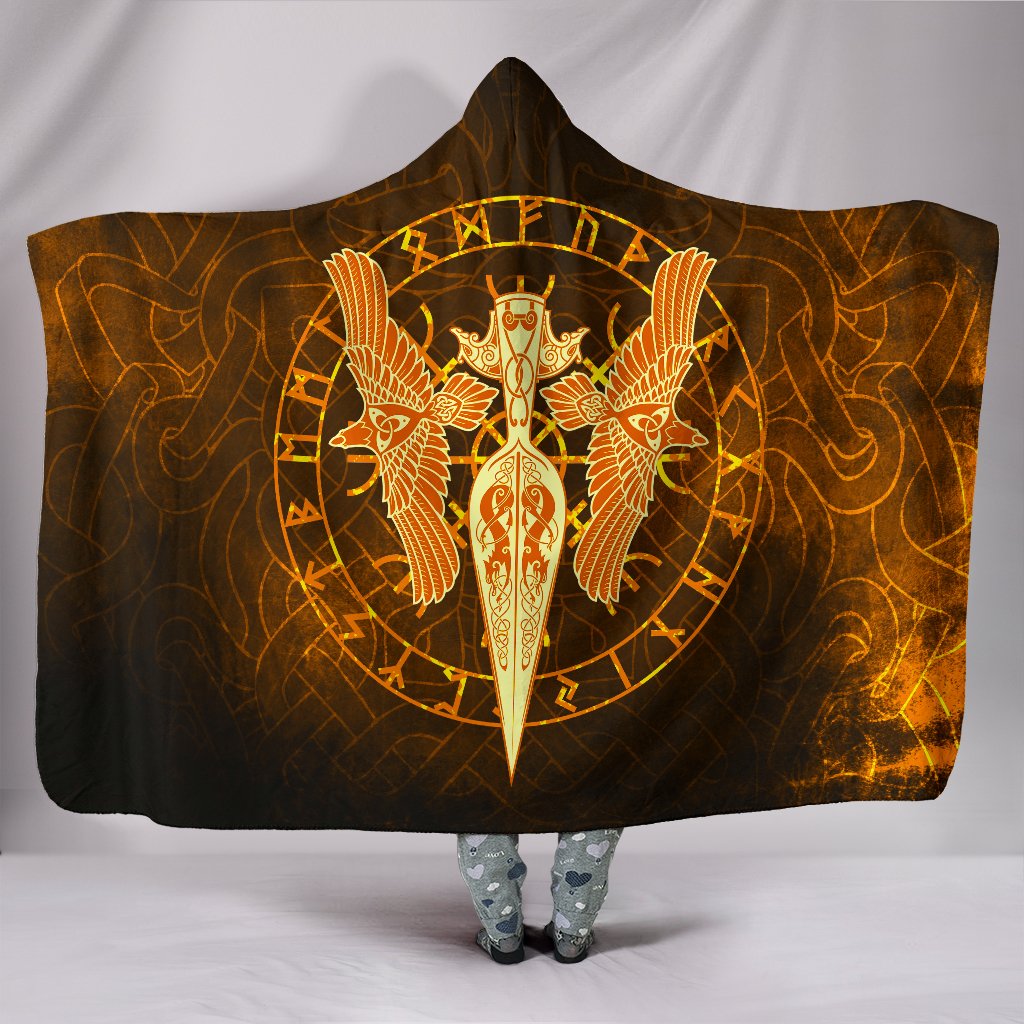 Viking Hooded Blanket Gold Spear Of The God Odin Gungnir And Two Gold Ravens