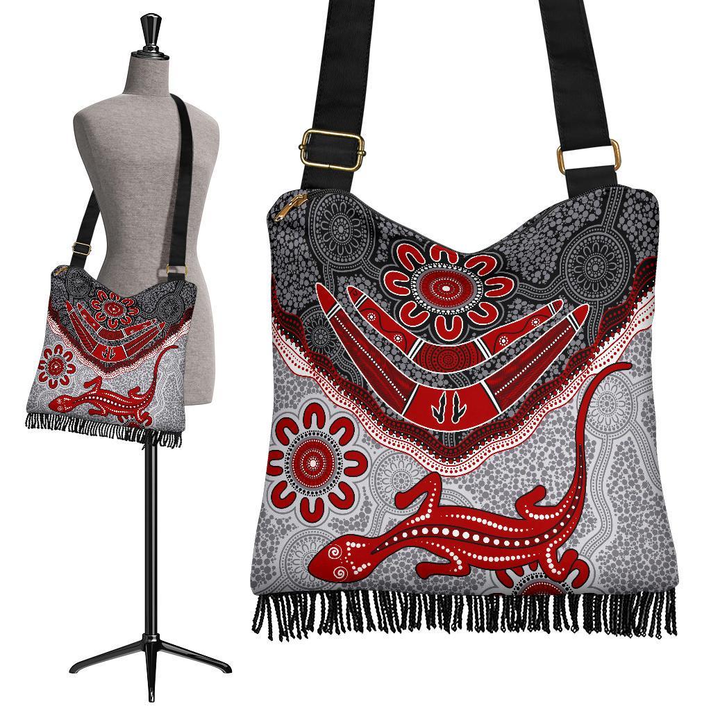 Aboriginal Crossbody Boho Handbag - Indigenous Boomerang and Lizard Art