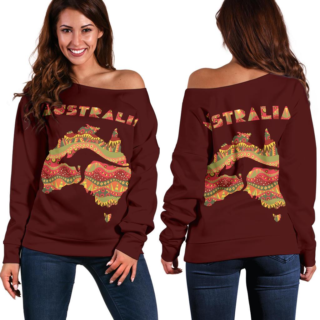 Women's Off Shoulder Sweater - Australia Map Sweater Kangaroo Aboriginal Patterns