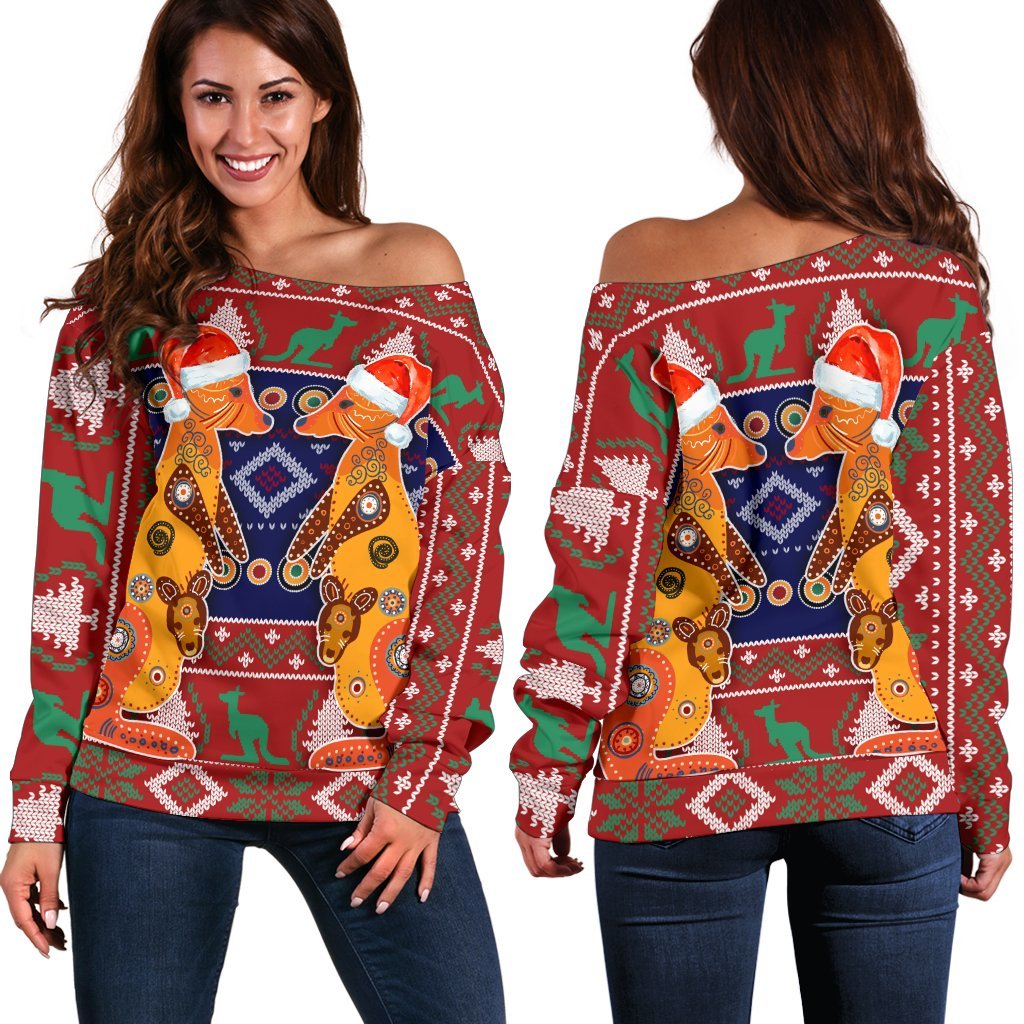 Australia Christmas Women's Off Shoulder Sweater - Mother Kangaroo In Christmas