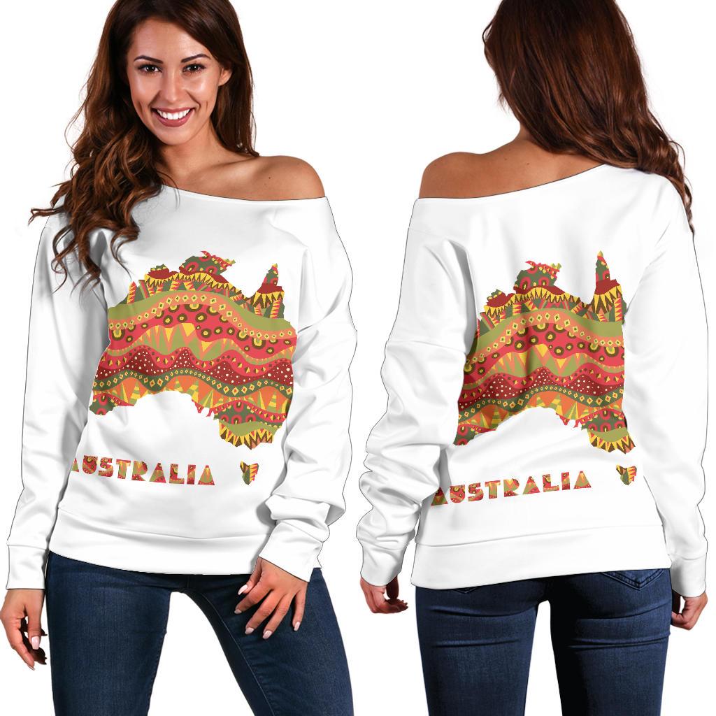Women's Off Shoulder Sweater - Australia Map Sweater Kangaroo Aboriginal Patterns